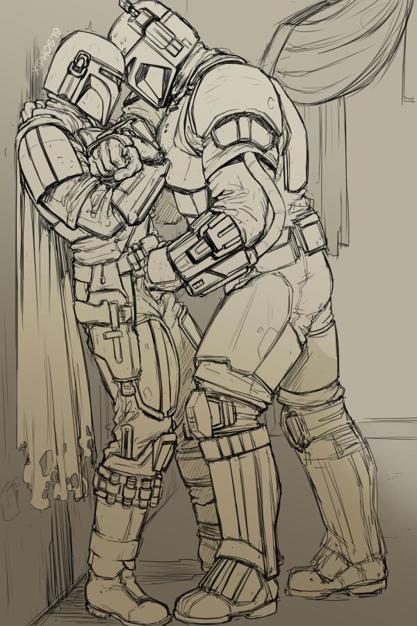 against_wall arm_across_chest din_djarin fully_clothed gay handjob height_difference helmet male male/male male_focus male_only male_penetrated male_penetrating male_penetrating_male maledom malesub masked paz_vizla size_difference star_wars the_mandalorian xiphos_(artist) yaoi