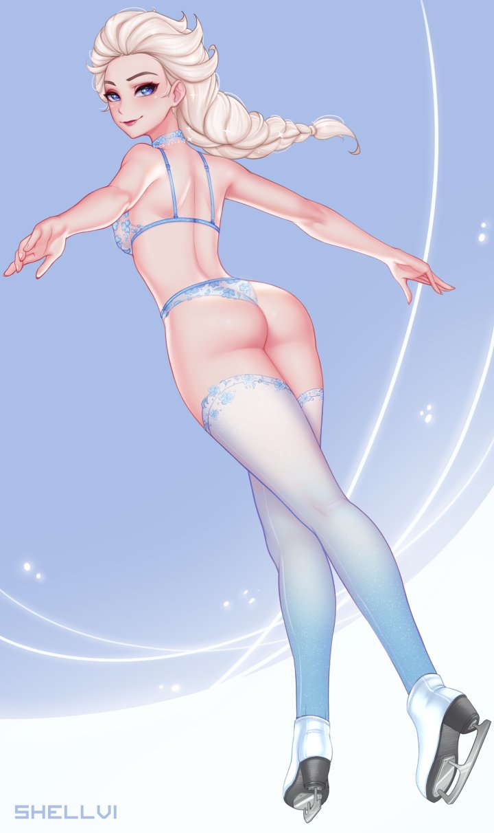 1girls, ass, breasts, disney, elsa (frozen), female, female only, frozen (film), looking at viewer, looking back, medium breasts, shellvi, solo