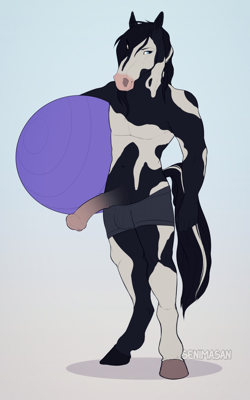 2020 5_fingers anthro black_hair blue_eyes digital_media_(artwork) equid equine fingers hair hi_res hooves horse male male_only mammal nude penis senimasan simple_background solo