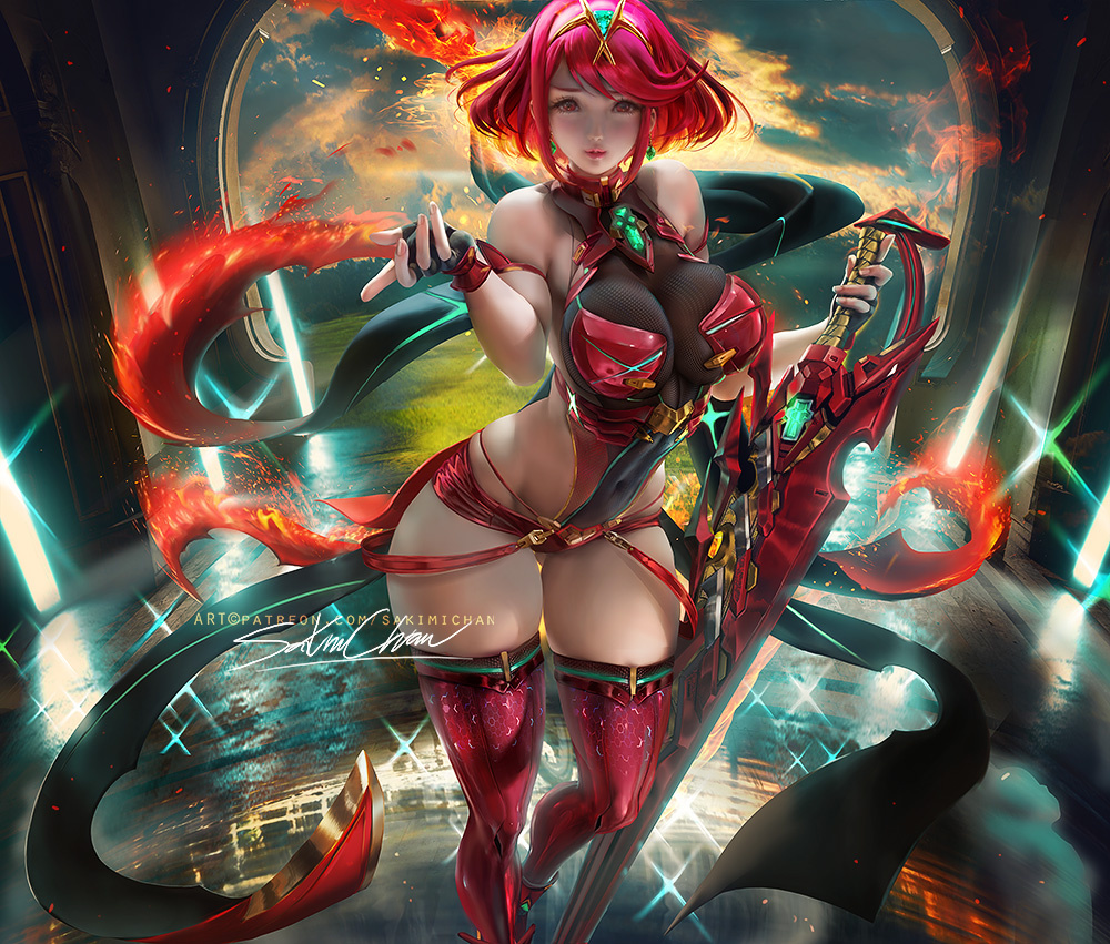1girls, bangs, big breasts, breasts, cleavage, female, female only, fire, flames, gem, hair ornament, headpiece, jewelry, large breasts, looking at viewer, nintendo, pantyhose, pose, pyra, red eyes, red hair, sakimichan, short hair, short shorts, shorts, smile, solo, swept bangs, sword, thighhighs, tiara, weapon, xenoblade (series), xenoblade chronicles 2