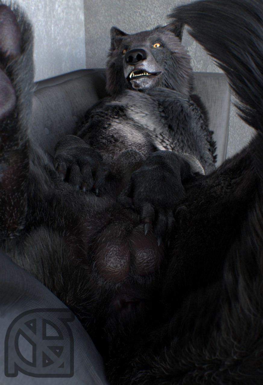 3d animal_genitalia anus ass backsack balls black_body black_fur black_nose canid canine canis claws close-up cosmiclife feet first_person_view fur furniture legs_up looking_at_viewer lying male mammal on_back paws pinup pose realistic romeo_(cosmiclife) semi-anthro sheath smile sofa solo spread_legs spreading teeth wolf yellow_eyes