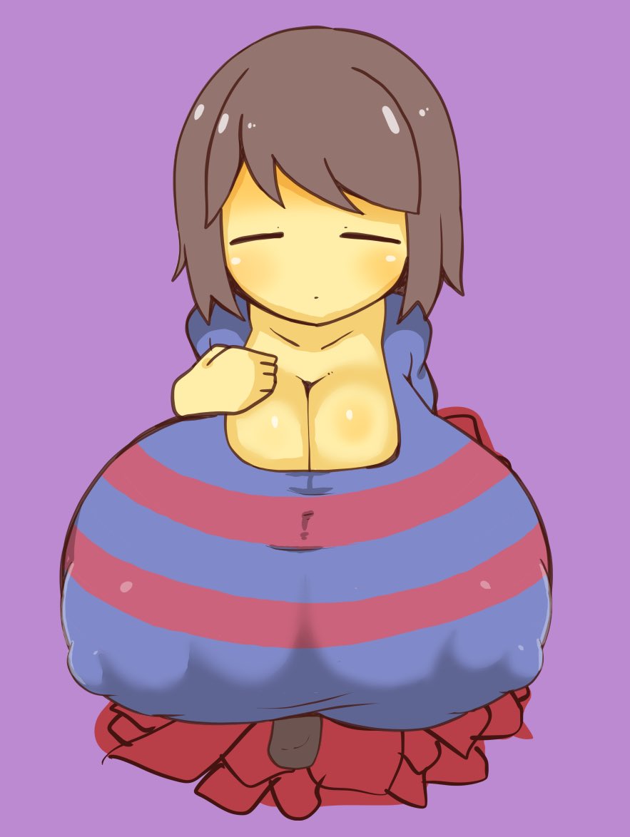 1girls 2d areolae_visible_through_clothing busty cleavage female female_only frisk hand_on_chest hand_on_own_chest huge_breasts human human_female human_only hyper hyper_breasts looking_at_viewer nipple_bulge nipples_visible_through_clothing petronoise solo toby_fox undertale undertale_(series)