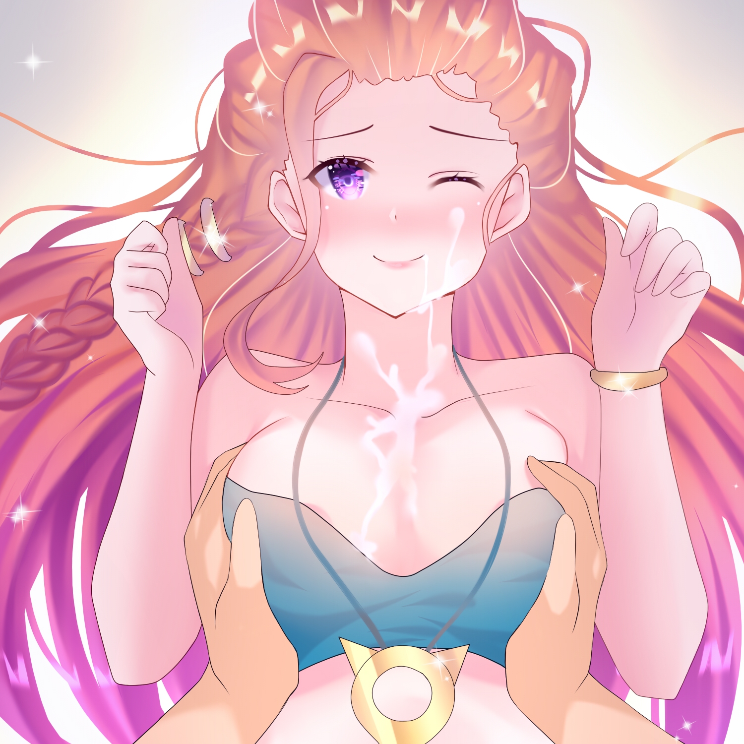 1boy, 1girls, aged up, areola slip, areolae, blush, bra, bracelet, braid, breast grab, breasts, collarbone, cum, cum between breasts, cum on breasts, cum on face, cum on neck, cum on upper body, duo, eyelashes, faceless male, female, gradient hair, highres, human, large breasts, league of legends, long hair, looking at viewer, male, male pov, necklace, one eye closed, orange hair, outercourse, paizuri, pink eyes, pink hair, pov, pov eye contact, riot games, risthaart, side braid, smile, smiling at viewer, solo focus, straight, two-tone hair, very long hair, wince, zoe (league of legends)
