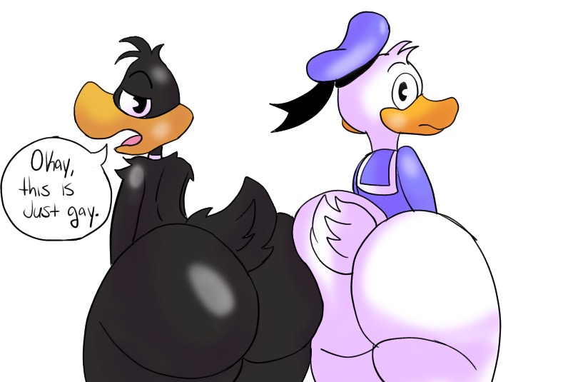 ass ass_to_ass avian big_ass big_butt black_feathers daffy_duck disney donald_duck duck gay hyper hyper_ass hyper_butt looking_at_viewer looking_back looney_tunes male male/male male_only naked nathanatwar partially_clothed soft_feathers text whateverdoes white_background white_feathers