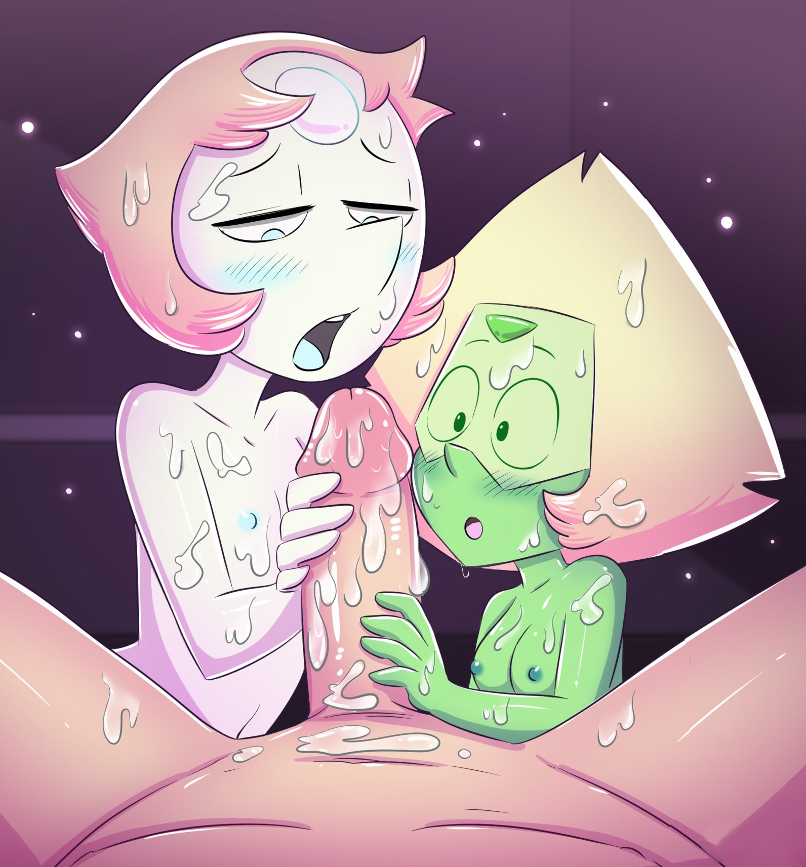 1boy, 2girls, alien girl, blush, breasts, cubedcoconut, cum, cum on arm, cum on face, cum on hair, cum on self, cum on upper body, cumshot, female, green skin, hand on head, holding penis, laying down, light brown hair, looking at penis, looking away, looking down, male, naked, nipples, on knees, outdoors, partial male, pearl (steven universe), penis, peridot (steven universe), pleasure face, shocked, short hair, small breasts, steven universe, tongue, tongue out, yellow hair