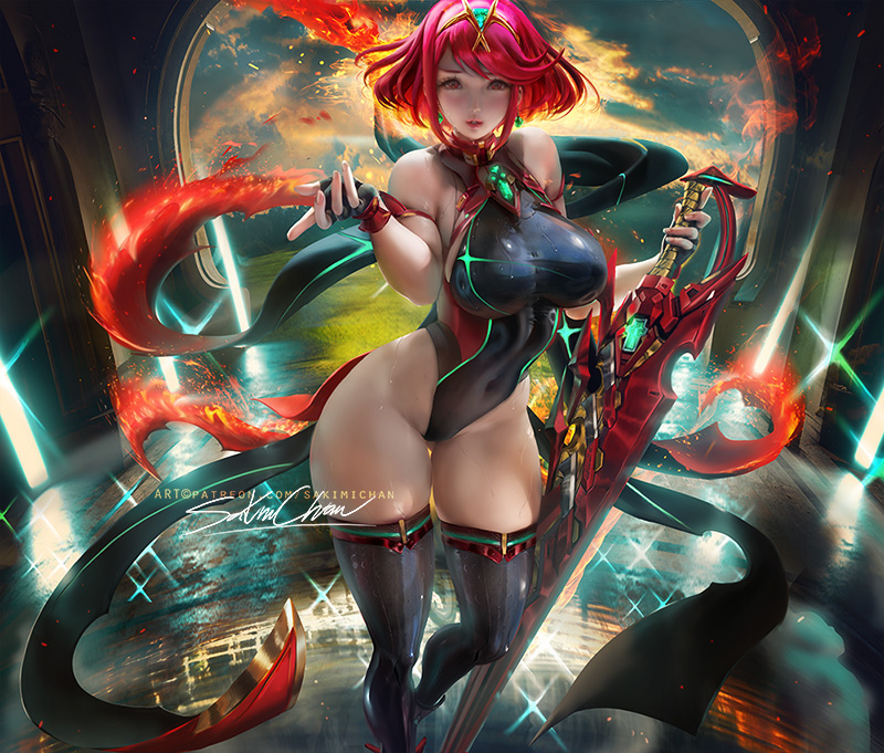 1girls, bangs, big breasts, breasts, cleavage, completion swimsuit, female, female only, fire, flames, gem, hair ornament, headpiece, jewelry, large breasts, looking at viewer, nintendo, one-piece swimsuit, pantyhose, pose, pyra, red eyes, red hair, sakimichan, short hair, short shorts, shorts, smile, solo, swept bangs, sword, thighhighs, tiara, weapon, xenoblade (series), xenoblade chronicles 2