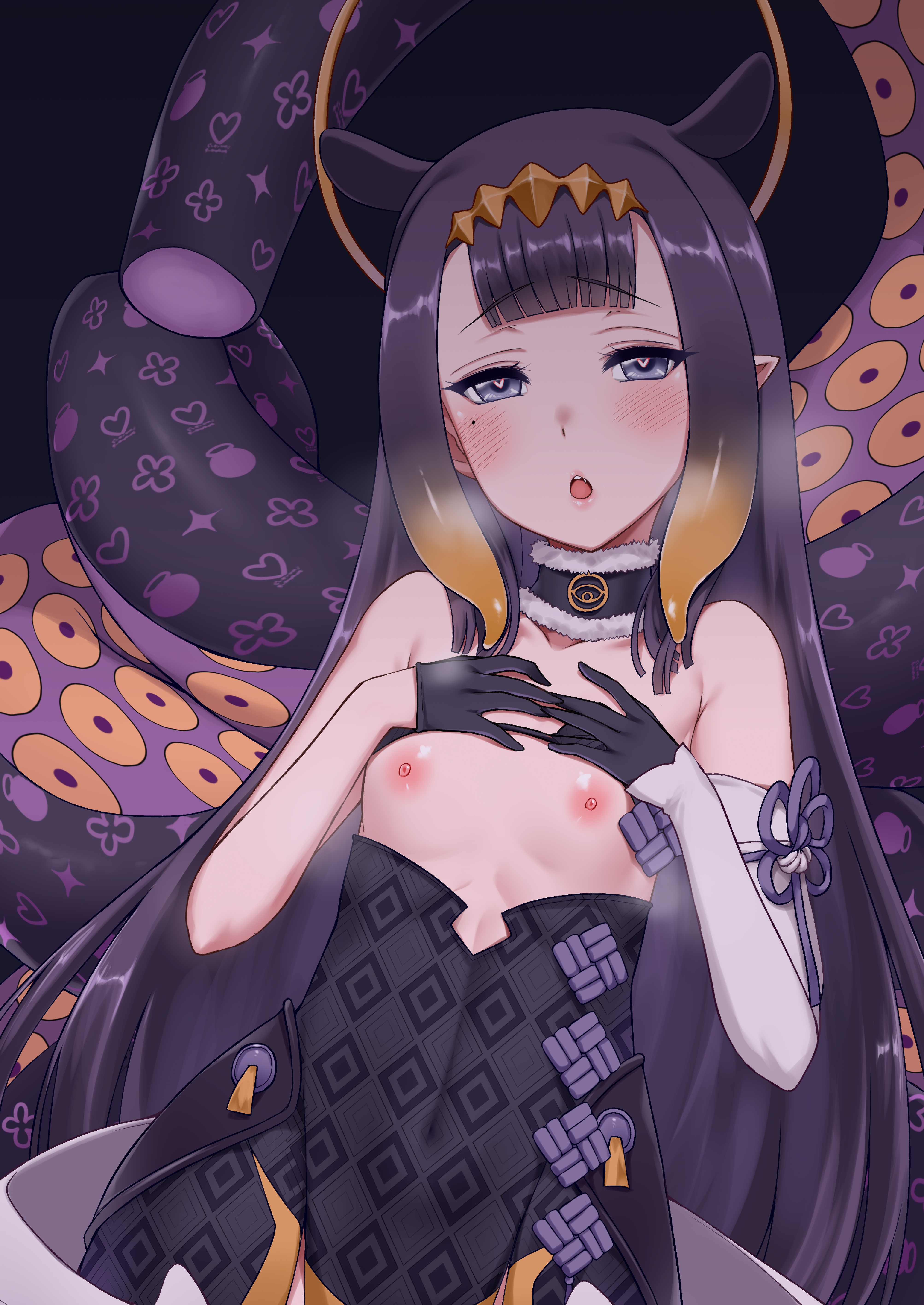 1girls, areolae, armpits, armwear, belly button, black background, blush, breasts, breath, breathing, collarbone, darkmaya, diadem, dress, embarrassed, eyebrows raised, eyebrows visible through hair, fang, fangs, female, flashing, flat chest, flat chested, gloves, halo, hands on chest, hands on own chest, heart-shaped pupils, high resolution, hololive, hololive english, hololive myth, light skin, light-skinned female, long hair, looking at viewer, mole, mole under eye, multicolored hair, necklace, ninomae ina'nis, open clothes, open mouth, orange hair, pale skin, pale-skinned female, pink lips, pink nipples, pointy ears, purple hair, ribs, skinny, small breasts, solo, steam, tentacle, tiara, very long hair, virtual youtuber, white skin