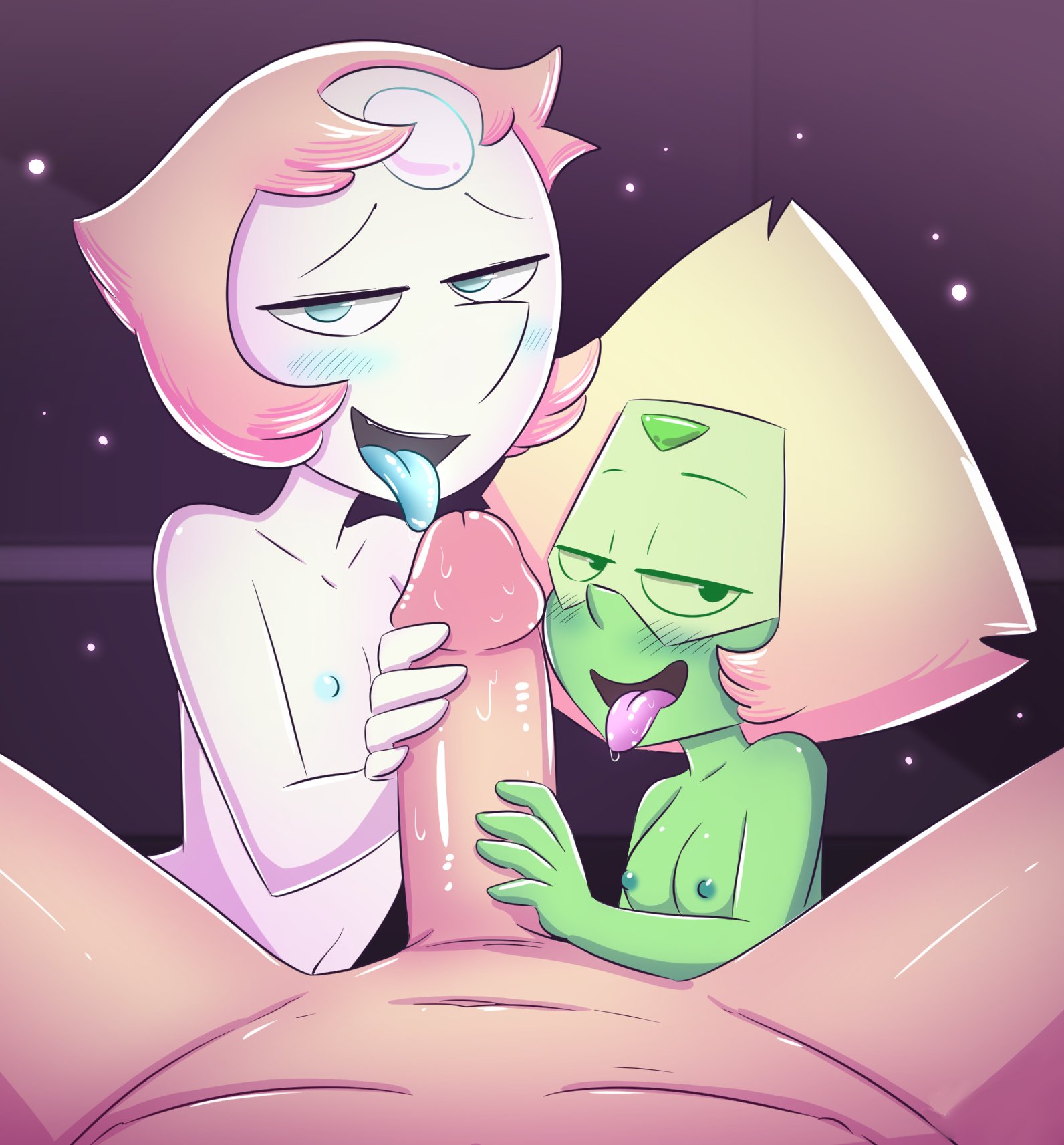 1boy, 2girls, alien girl, blush, breasts, cubedcoconut, female, gem (species), green skin, hand on head, holding penis, imminent fellatio, imminent oral, laying down, light brown hair, looking at viewer, male, naked, nipples, on knees, outdoors, partial male, pearl (steven universe), penis, peridot (steven universe), pleasure face, saliva, saliva drip, short hair, small breasts, steven universe, tongue, tongue out, yellow hair