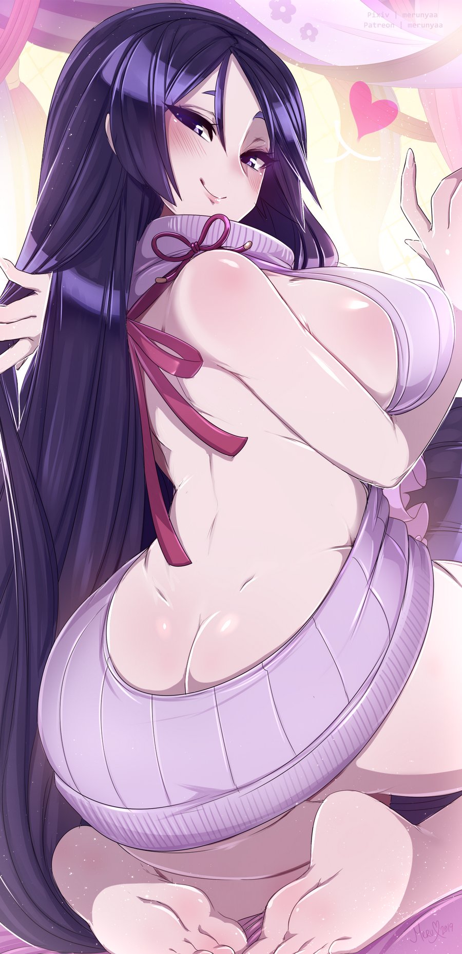 1girls, ass, ass cleavage, ass crack, back, barefoot, big ass, blush, breasts, butt crack, cleavage, fat ass, fate (series), fate/grand order, feet, female, female only, huge breasts, looking at viewer, looking back, merunyaa, minamoto no raikou (fate/grand order), soles, solo, toes, virgin killer sweater
