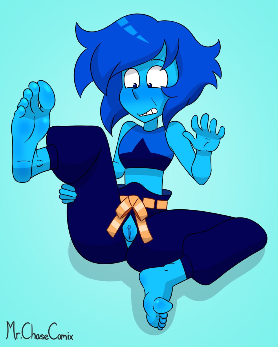 alien girl, barefoot, blue hair, blue skin, blush, clothing, cutout, embarrassed, female, foot fetish, gem (species), lapis lazuli (steven universe), leg up, looking down, mr. chase comix, pants open, pussy, pussy cutout, short hair, solo, steven universe