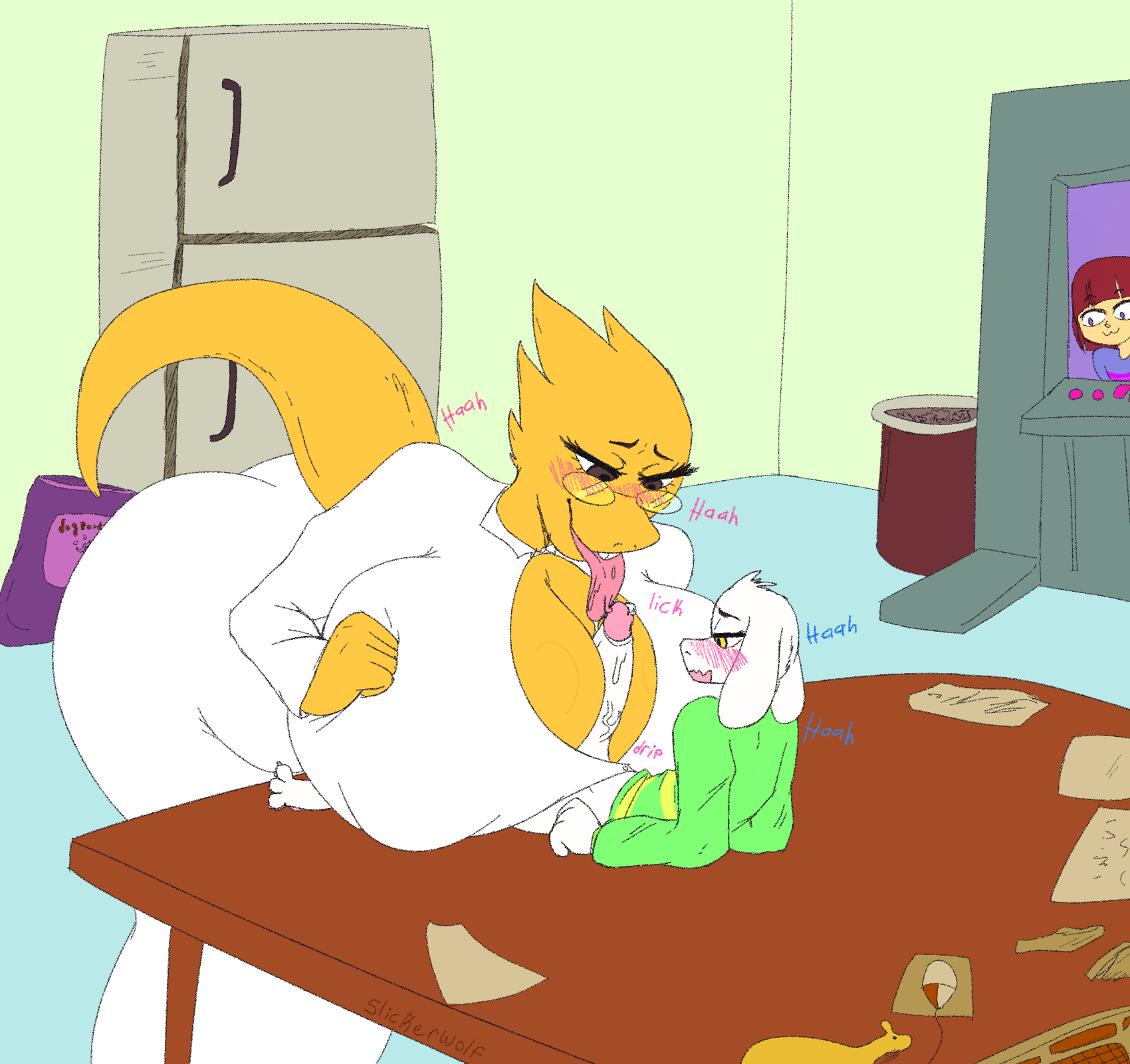 2020, age difference, alphys, anthro, asriel dreemurr, ass, being watched, big penis, blush, bovid, breasts, caprine, english text, eyewear, female, frisk, glasses, goat, hi res, huge ass, huge breasts, huge cock, human, larger female, lizard, looking at another, male, mammal, paizuri, penis, reptile, scalie, sex, size difference, slickerwolf, small but hung, smaller male, straight, text, titjob, tongue, tongue out, undertale, undertale (series), video games, wide hips, young