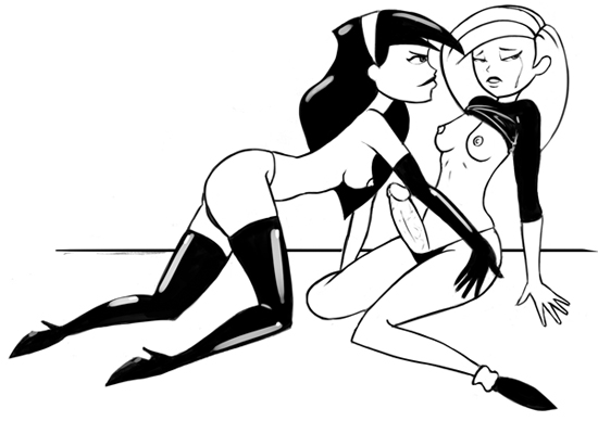 all_fours black_and_white breasts clockwork_(artist) crying disney disney_channel female futa_on_female futanari human intersex kim_possible kimberly_ann_possible miss_go monochrome nipples penis shego side_view sitting straight_hair tagme