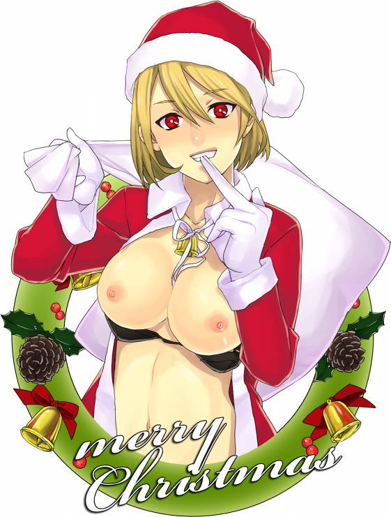 1girls bell blonde_hair bra bra_pull breasts christmas female gloves hat lingerie meiko nipples open_clothes open_shirt red_eyes santa_hat shirt solo underwear uno_makoto vocaloid