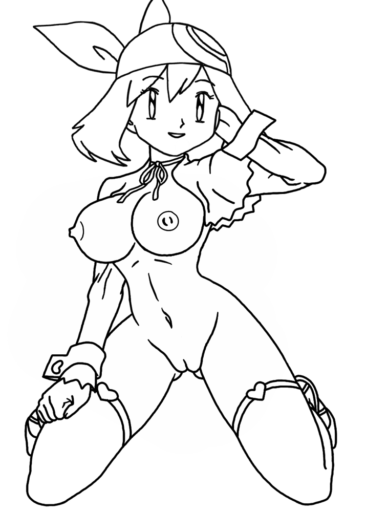 bandana black_and_white breasts female female_only front_view human human_only kneeling line_art may_(pokemon) monochrome monochrome_bandana pokemon solo tagme vulva