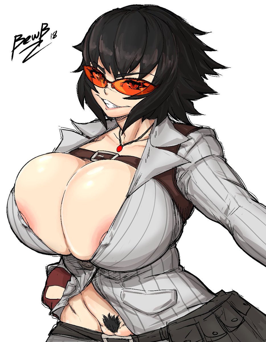 1girls 2d areolae belt bewbchan big_breasts black_hair blouse breasts bursting_breasts cameltoe cleft_of_venus devil_may_cry devil_may_cry_4 female female_only glasses gloves grin heterochromia huge_breasts lady_(devil_may_cry) large_breasts looking_at_viewer necklace nipples nipples_visible_through_clothing orange-tinted_eyewear pockets pubic_hair red-tinted_eyewear red_glasses skirt smile smiling solo sunglasses tinted_eyewear white_background