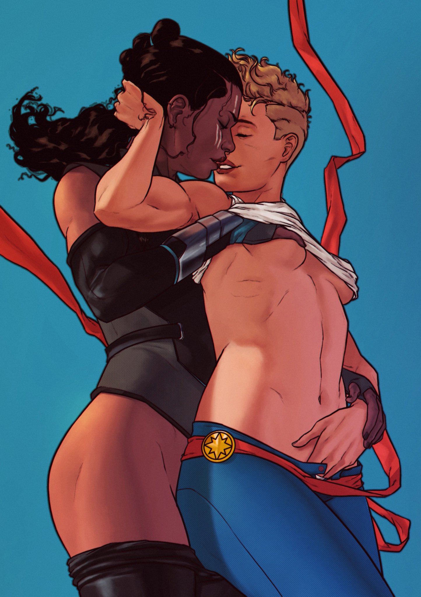 2girls, ass, avengers, breasts, captain marvel, carol danvers, chocolate and vanilla, dark skin, dark-skinned female, dima ivanov, female, female only, from behind, grinding, half naked, half-dressed, hand in pants, hand on breast, human, human only, interracial, interracial yuri, light skin, light-skinned female, love, marvel, marvel cinematic universe, marvel comics, multiple females, multiple girls, muscular, muscular female, pants down, passionate, romantic, shirt lift, shirt up, short hair, smiling, thor (series), undercut, undressing, undressing another, valkyrie (marvel), yuri