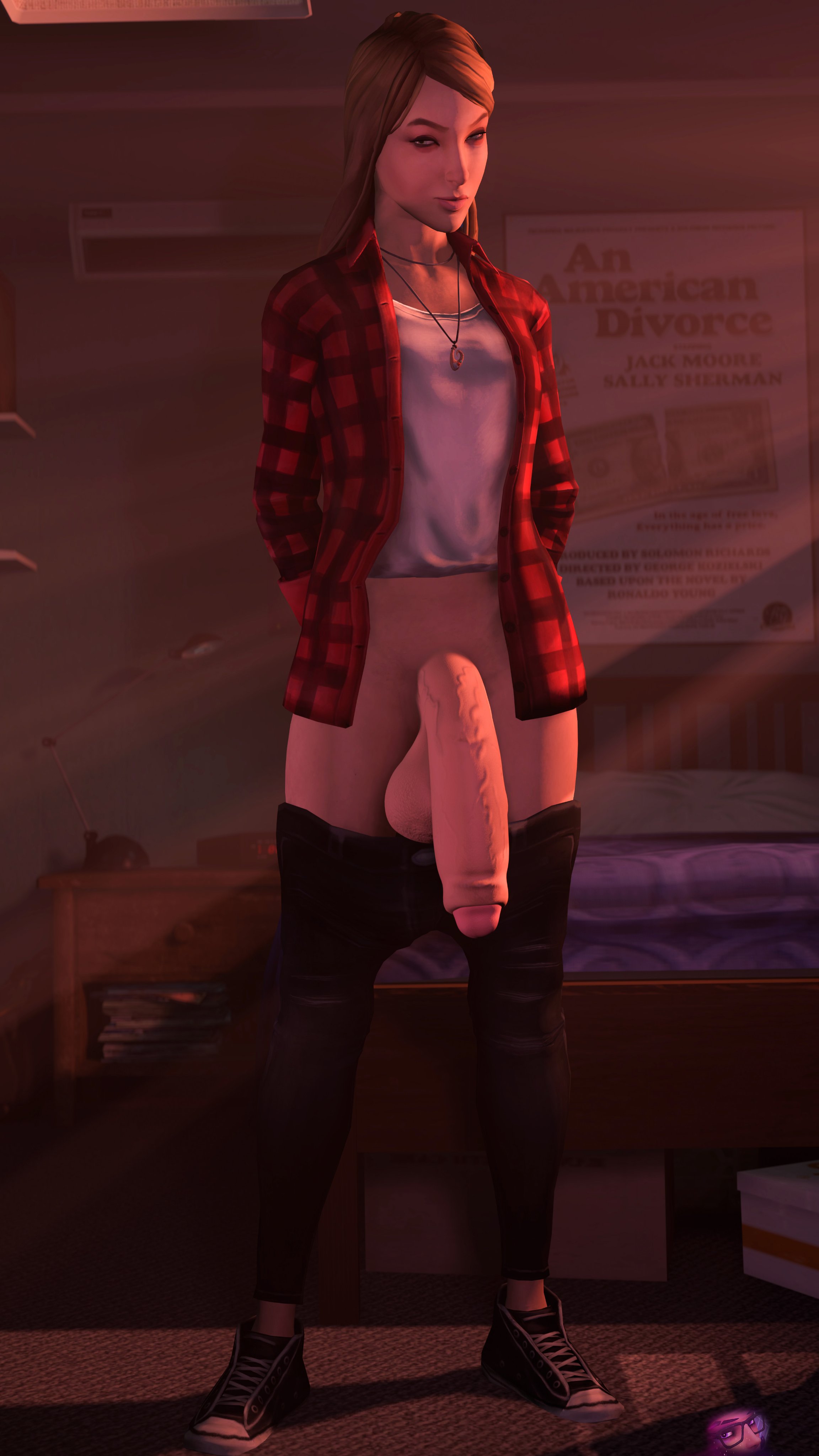 1futa, 3d, absurdres, balls, ceraph keilah, checkered shirt, dickgirl, erection, foreskin, futa only, futanari, highres, huge cock, intersex, life is strange, necklace, pants down, partially retracted foreskin, penis, plaid shirt, presenting penis, rachel amber, red shirt, retracted foreskin, smug, sneakers, solo, solo futa, source filmmaker, testicles, thick foreskin, uncircumcised, uncut