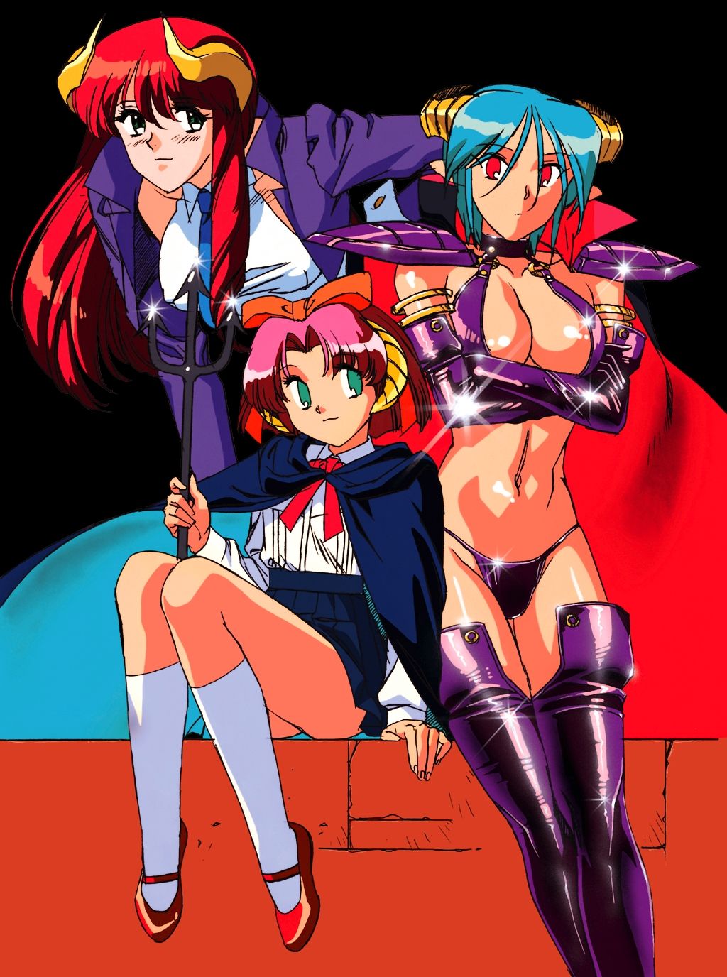 3girls 90s ass bare_shoulders bent_over black_background boots bow breasts brick_wall cape carrera cleavage clothed clothing collar demon_girl demon_horns drill_hair elbow_gloves eyebrows_visible_through_hair female female_only flat_chest full_body gloves green_eyes green_hair hair_ribbon hairband hand_on_hip heels highres holding_weapon horns jacket large_breasts long_ears long_hair looking_at_viewer mercedes_(viper) midriff monster_girl multiple_girls navel necktie nipple_bulge official_art open_clothes open_jacket panties pink_eyes pleated_skirt pointy_ears purple_clothing purple_gloves purple_thighhighs purple_thong rati red_eyes red_hair revealing_clothes ribbon ring sasaki_masakatsu school_uniform shiny shirt short_hair shoulder_pads simple_background sitting skirt smile socks sogna standing stockings succubi succubus succubus_costume succubus_horns succubus_outfit tank_top thick_thighs thigh_boots thighhighs thighs thong trident viper_(series) viper_gts wall weapon wrist_cuffs zettai_ryouiki