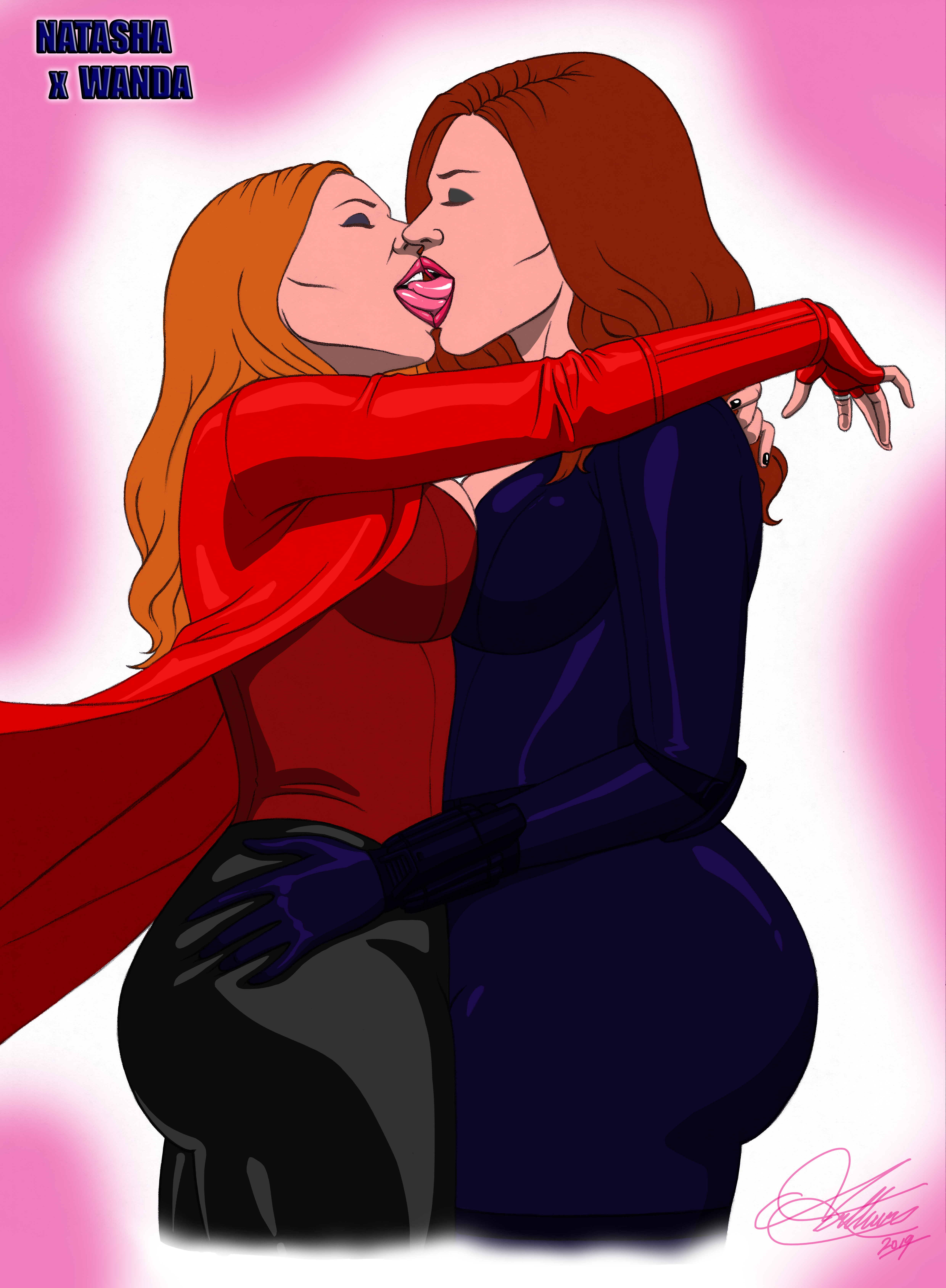 2019, 2girls, ass, avengers, big ass, big breasts, big butt, black widow (marvel), breasts, clothed, eyes closed, female, female only, french kissing, hand on hip, huge ass, human, human only, kaywest, kissing, large ass, large breasts, lesbian kiss, light skin, light-skinned female, makeout, marvel, marvel comics, multiple females, multiple girls, natasha romanoff, passionate kiss, red hair, scarlet witch, scarlett johansson, tongue kiss, wanda maximoff, yuri
