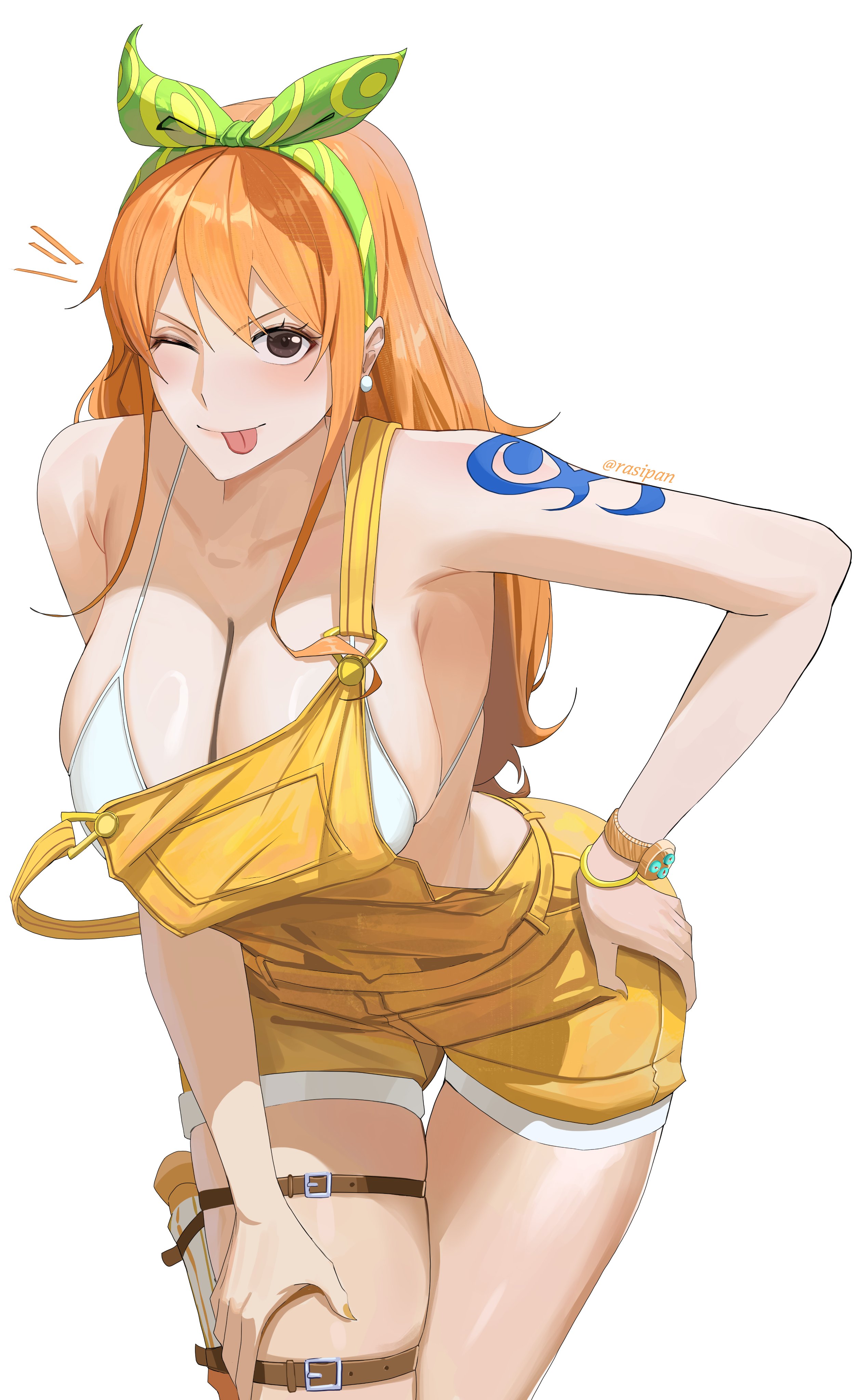 ;p, 1girls, absurdres, arm tattoo, bare shoulders, belt buckle, bikini, bikini under clothes, blue tattoo, blush, bow hairband, breasts, brown eyes, buckle, cleavage, clima-tact, closed mouth, commentary, commission, cowboy shot, earrings, english commentary, female, female only, green hairband, hairband, halterneck, hand on own hip, hand on own thigh, highres, hourglass figure, human, human female, jewelry, large breasts, leaning forward, light-skinned female, long hair, looking at viewer, nami (one piece), notice lines, official alternate costume, one eye closed, one piece, one piece film stampede, one piece: stampede, orange hair, orange-haired female, overall shorts, overalls, pearl earrings, post-timeskip, rasipan, shoulder tattoo, sidelocks, skindentation, slim waist, smile, solo, strap slip, string bikini, swimsuit, tattoo, thick thighs, thigh gap, thigh strap, tongue, tongue out, white background, white bikini, wide hips, yellow overalls