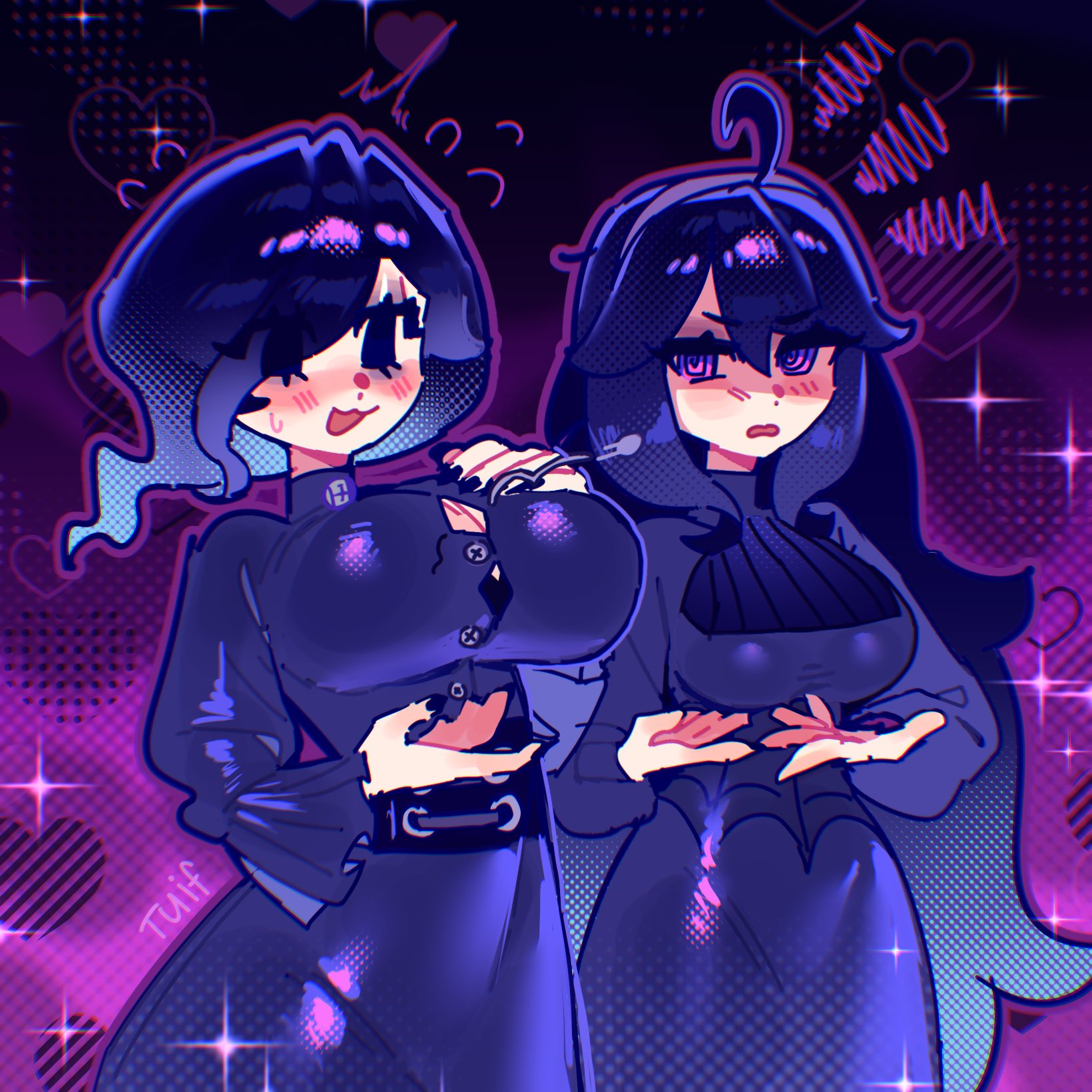 @ @, 1girls, 2girls, ahoge, black dress, black hair, blush, breast envy, breasts, commentary, corset, dark hair, dress, english commentary, female, female focus, female only, game freak, hair between eyes, hairband, heart, heart background, hex maniac, hex maniac (pokemon legends: z-a), hex maniac (pokemon xy), highres, large breasts, long hair, medium breasts, multiple females, multiple girls, nail polish, nintendo, pokemon, pokemon legends: z-a, pokemon xy, popped button, purple eyes, purple hair, purple nails, purple theme, short hair, sparkle, spiral eyes, tagme, tuif, tuiffff