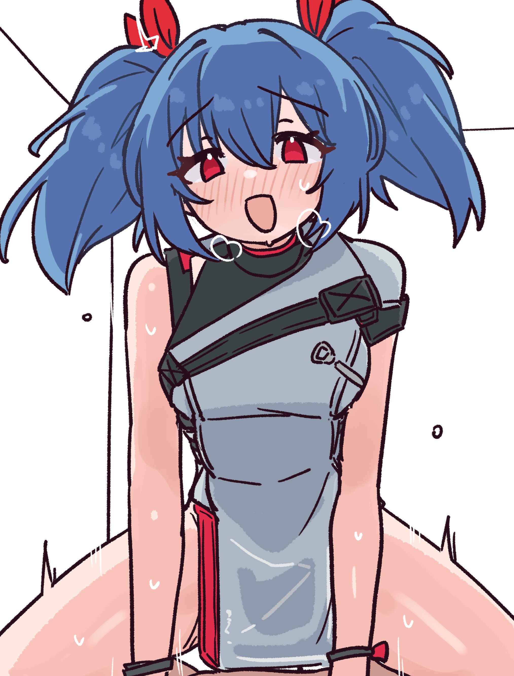 1boy, 1girls, blue hair, blush, clothed sex, clothing, colphne (girls' frontline 2), cowgirl position, elmo dormitory outfit, female, female on top, girls' frontline, girls' frontline 2: exilium, hair ribbon, heavy breathing, implied penetration, implied sex, looking at viewer, male, nikukabe, open mouth, pelvic curtain, red eyes, sex, short hair, spread legs, straddling, sweat, sweatdrop, twintails