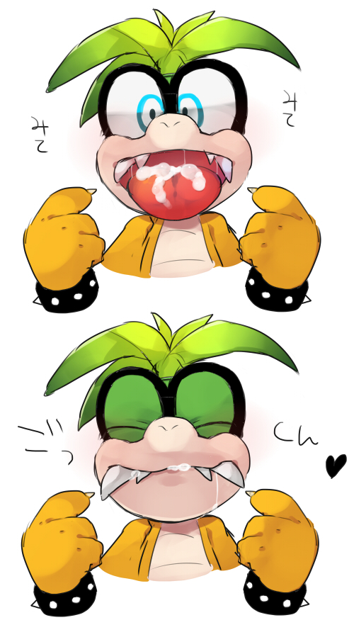 bodily_fluids bracelet cum cum_in_mouth cum_inside eyewear fangs genital_fluids glasses heart iggy_koopa japanese_text jewelry koopa koopaling male_only mario_(series) momiwo nintendo open_mouth scalie solo spiked_bracelet spikes teeth text video_games