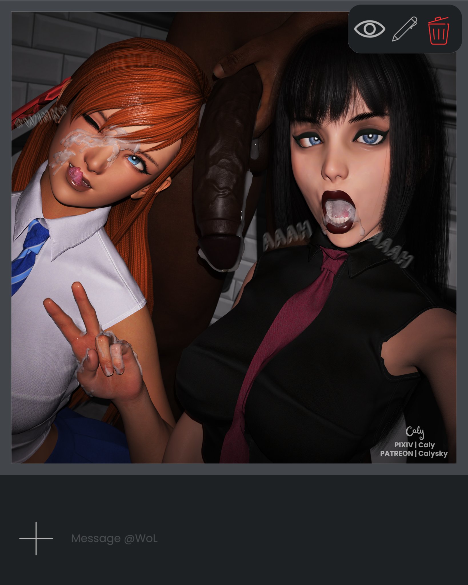 1boy, 2girls, 3d, big penis, black hair, calysky, cum, cum in mouth, cum on face, faceless male, female, final fantasy, final fantasy xiv, gaia (ffxiv), hair ribbon, interracial, looking at viewer, male, open mouth, orange hair, peace sign, penis, ryne waters, square enix, tie, tongue