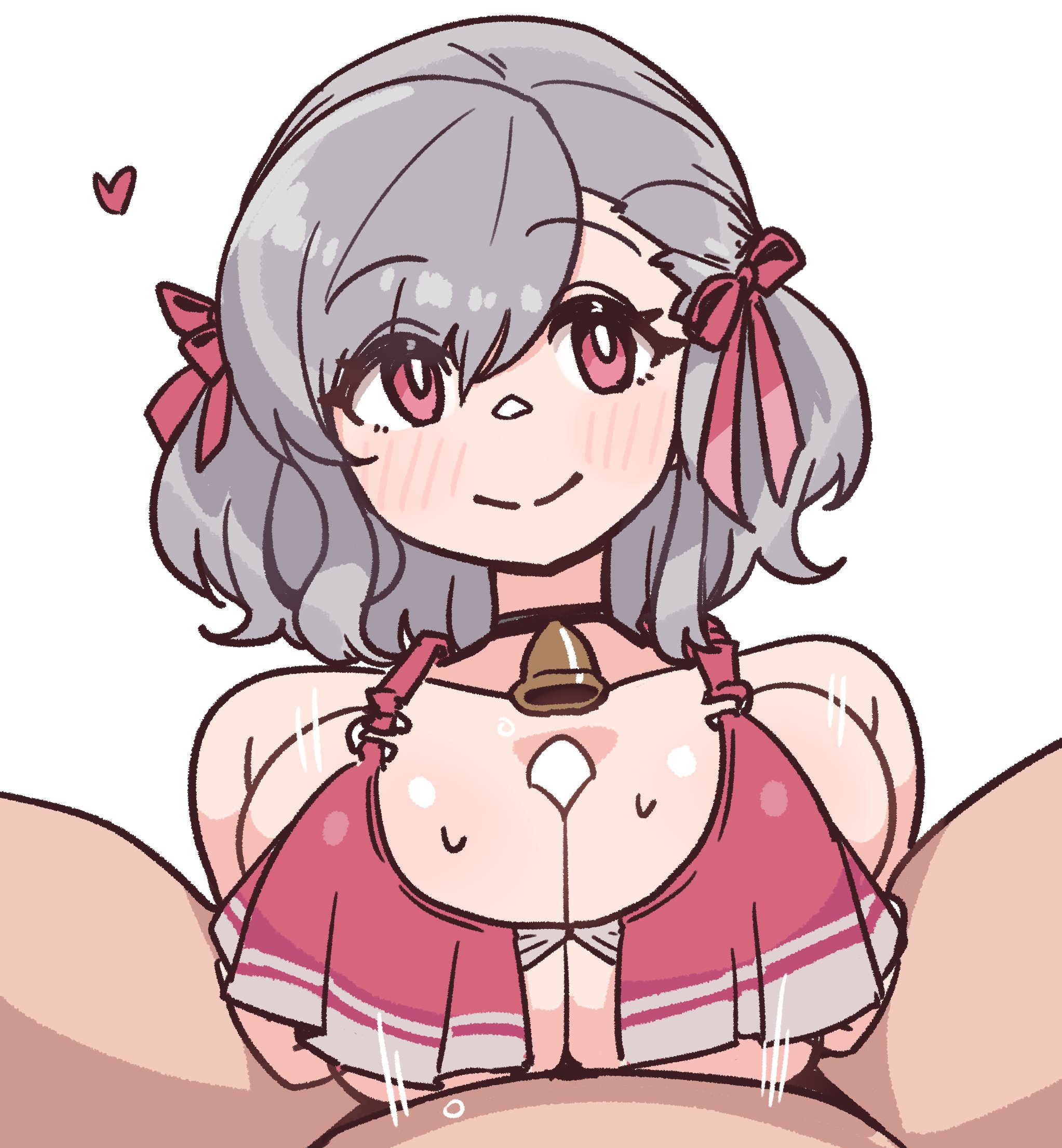 1boy, 1girls, bell choker, big breasts, bikini, bikini top, blush, boobjob, breasts, censored, censored penis, cleavage, closed mouth, dark-skinned male, female, girls' frontline, girls' frontline 2: exilium, grey hair, hair ribbon, heart, large breasts, legs apart, legs spread, light-skinned female, looking at viewer, male, nikukabe, paizuri, penis, red eyes, sabrina (girls' frontline 2), sabrina (strawberry zabaione) (girls' frontline 2), short hair, smile, spas-12 (girls' frontline), sweat, sweatdrop