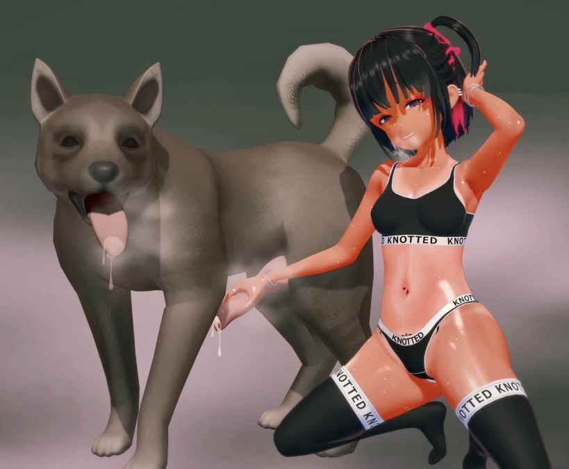 3d, athletic, athletic female, athletic wear, bangs, black hair, blue eyes, breasts, canine, canine on human, canine penis, cock worship, eye contact, female, female on feral, feral on female, feral on human, fit, fit female, front view, goonette, goth, goth girl, handjob, human, human female, human on feral, imminent bestiality, imminent sex, implied bestiality, implied sex, knot, knotted clothing, koi yukino, leaking cum, leaking precum, looking at viewer, male, penis, pose, posing, posing for the viewer, precum, pubic tattoo, short hair, skinny, small breasts, squatting, tan, tan body, tan skin, tanline, tanned, underwear, zoophilia