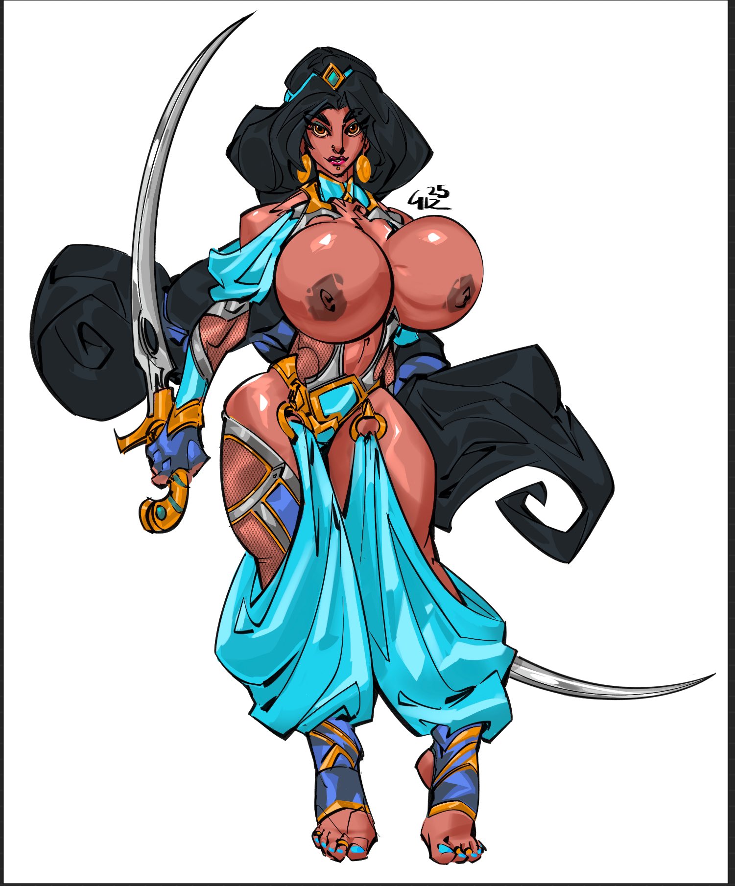 1girls, adapted costume, aladdin, aladdin (1992 disney film), asymmetrical legwear, big hair, bimbo, blue eyeshadow, breasts, brown eyes, dark skin, dark-skinned female, dated, extremely long hair, female, fishnet legwear, fishnets, full body, gizmotic, huge breasts, jasmine (aladdin), looking at viewer, princess jasmine, schmat, scimitar, signature, solo, standing, taimanin (series), toeless legwear, very long hair