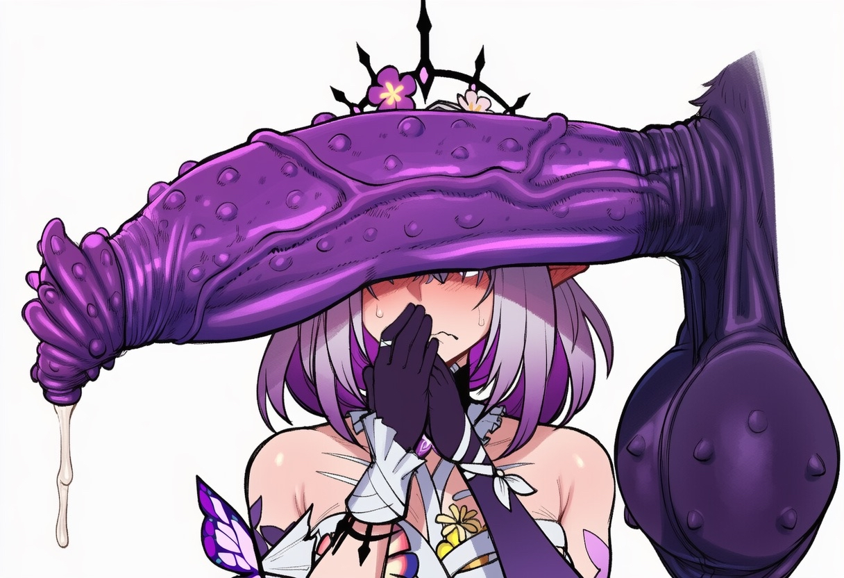 1girls, ai generated, balls, blush, bumpy penis, castorice (honkai: star rail), clothed, disembodied penis, ear blush, elf ears, embarrassed, female, foreskin, hands over mouth, honkai: star rail, huge balls, huge cock, low hanging balls, male, mixxie, penis, penis over eyes, pollux (honkai: star rail), precum, purple hair, tagme, uncircumcised