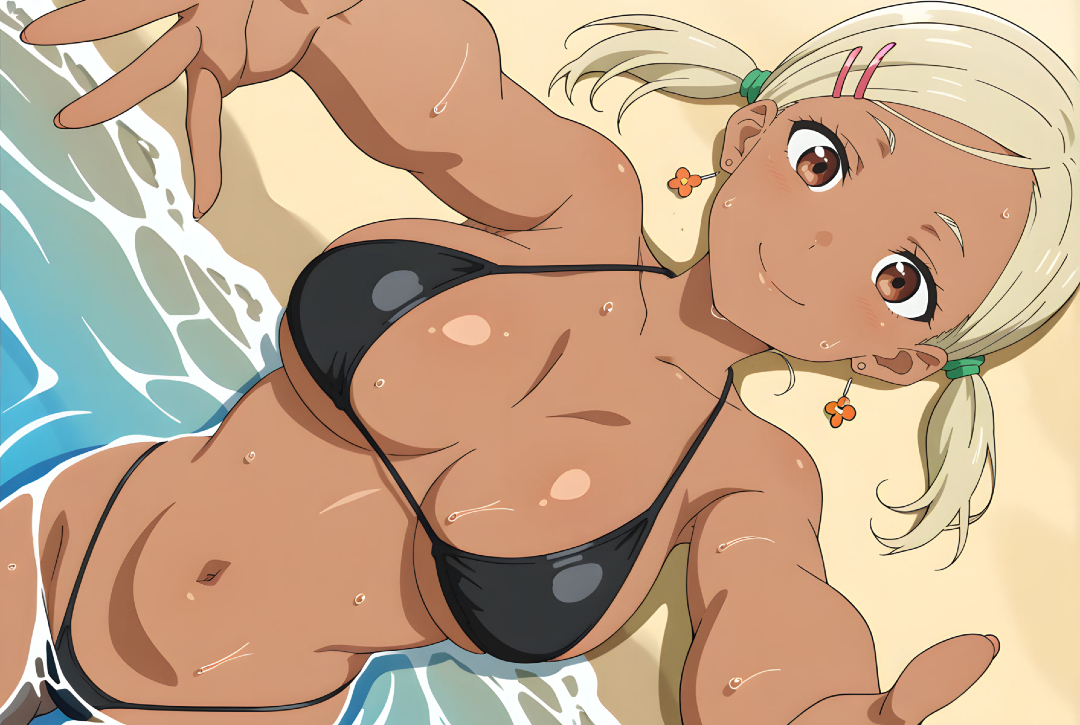 ai generated, athletic female, beach, big breasts, bikini, blonde hair, breasts, brown eyes, dandadan, dark skin, dark-skinned female, eroero waifus, female, gyaru, huge breasts, large breasts, looking at viewer, muko (dandadan), pov hands, shounen jump+, smiling, solo female, squatting, sweat, sweatdrop, thick body, thick female, twintails, voluptuous, voluptuous female
