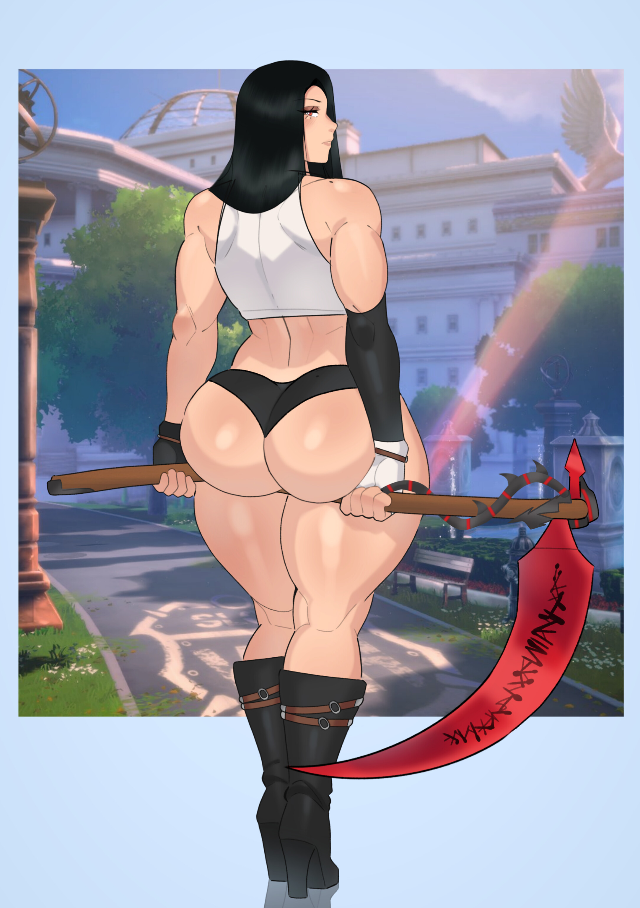 1boy, 1other, 2d, alt, alternate version available, ambiguous gender, androgynous, arc system works, ass, back view, background, big ass, big butt, boots, casual, clothed, clothed male, color, crop top, crossdressing, emo, femboy, femboy only, gloves, goth, guilty gear, guilty gear strive, high heel boots, high heels, johnv, looking at viewer, looking back, male, male only, muscular, non-nude, otoko no ko, panties, pinup, pinup pose, rear view, red eyes, scythe, seductive, seductive look, solo, standing, testament (guilty gear), thick ass, thick thighs, trap, weapon