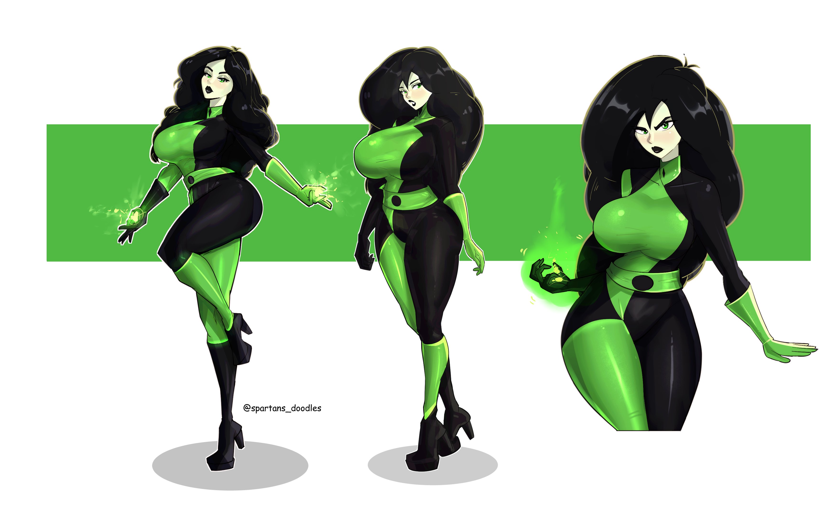 black hair, black lips, bodysuit, breasts, female, green skin, green skinned female, kim possible, large breasts, leg up, long hair, male, multicolored penis, penis, shego, simple background, spartandoodles, standing on one leg