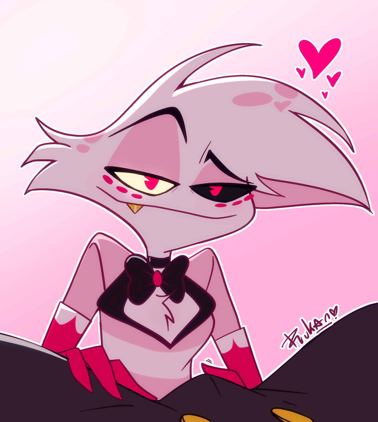 2boys, angel dust (hazbin hotel), bulge, gay, hazbin hotel, hearts around head, husk (hazbin hotel), imminent fellatio, male, rukan, smirk