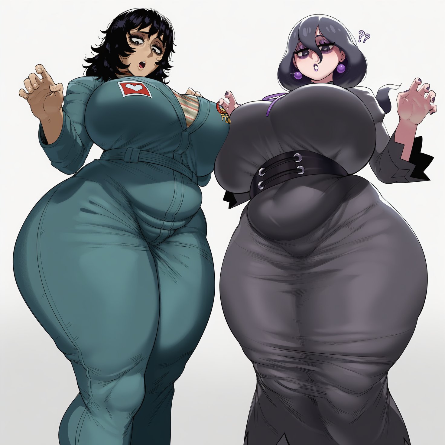 2girls, ai generated, anya (mouthwashing), belly, big ass, big breasts, big thighs, black hair, breast squish, breasts, cat pose, clothed, clothed female, crossover, cute, cute face, cute pose, dark hair, dress, eastern and western character, embarrassed, embarrassed female, eyeshadow, female, female focus, female only, flight suit, fully clothed, game freak, hex maniac, hex maniac (pokemon legends: z-a), huge ass, huge breasts, hyper, hyper thighs, light skin, light-skinned female, looking at viewer, looking down, mascara, mouthwashing, nintendo, overweight, pokemon, pokemon legends: z-a, pose, posing for the viewer, pov, pov eye contact, purple hair, slightly chubby, slightly chubby female, taboo tao, thick, thick legs, thick thighs, tight clothes, tight clothing, tight dress, tired, tired eyes, touching breast, voluptuous, voluptuous female, wide hips