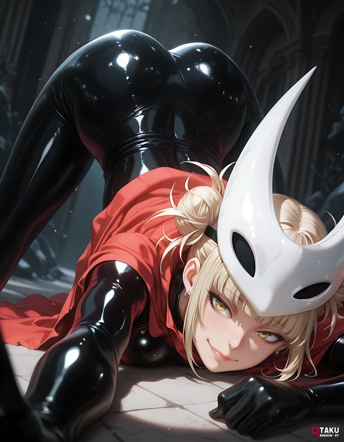 ai generated, black bodysuit, black latex, blonde hair, bodysuit, cosplay, face down ass up, female, himiko toga, hollow knight, hollow knight: silksong, hornet (hollow knight) (cosplay), jpeg, latex, latex clothing, latex suit, my hero academia, otakuobsessionart, posing, shiny clothes, silksong, smile, yellow eyes