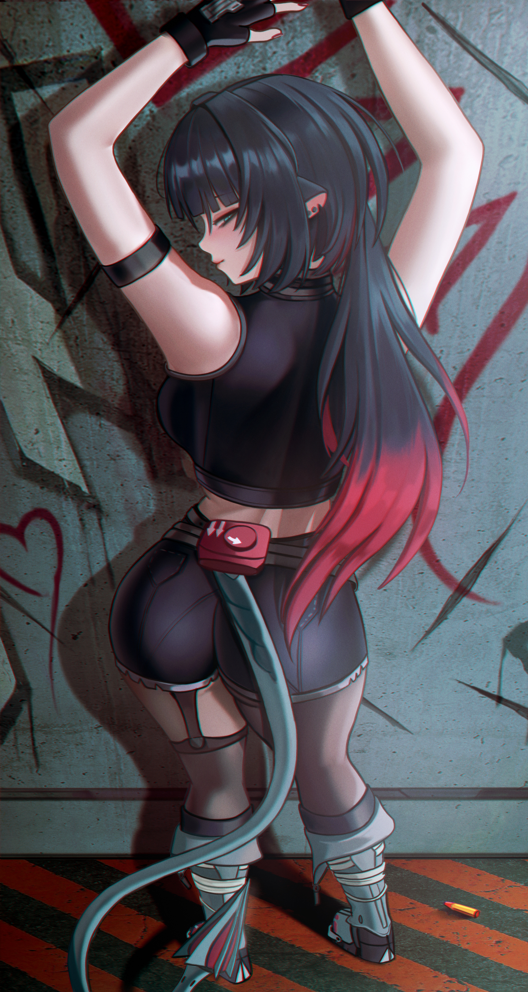 1girls, animal ears, arm strap, arms up, ass, bangs, black hair, black shirt, boots, female, female only, fingerless gloves, from above, gloves, jane doe (zenless zone zero), looking at viewer, puppnett, rat girl, sleeveless, solo, standing, thigh strap, zenless zone zero