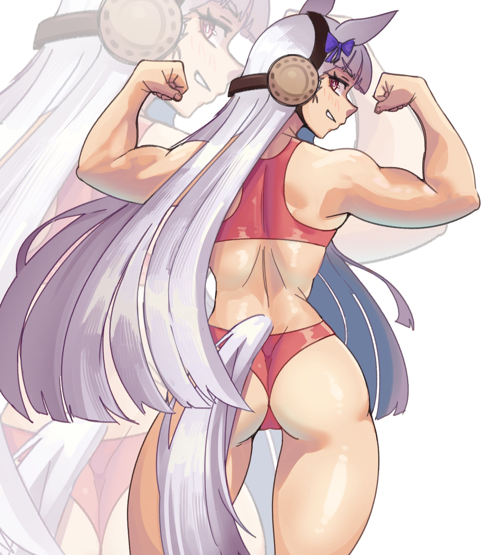 1girls, ass, biceps, female, flexing, flexing bicep, gold ship (umamusume), hair, konaloid, long hair, tail, toned, toned female, umamusume, white hair
