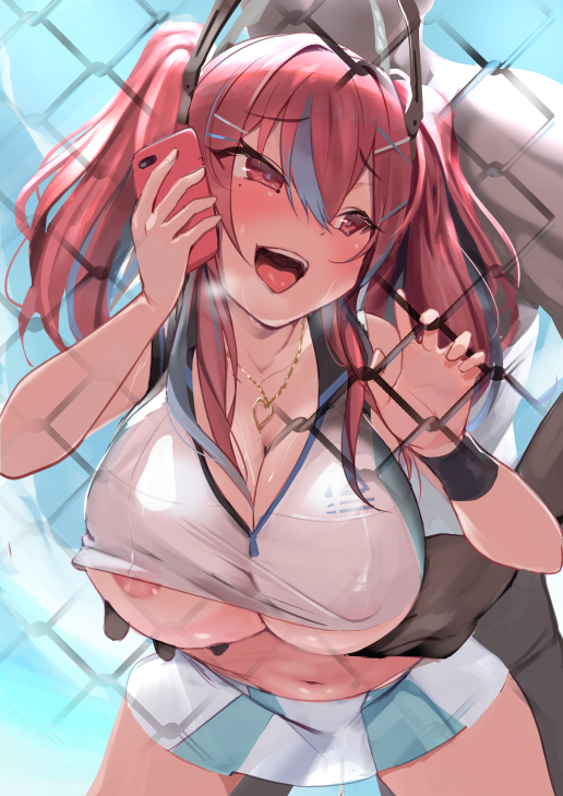 1boy against_fence areola_slip areolae azur_lane bangs bare_shoulders bow breast_grab breasts bremerton_(azur_lane) bremerton_(scorching-hot_training)_(azur_lane) cellphone chain-link_fence covered_nipples crop_top crop_top_overhang eyebrows_visible_through_hair female fence grabbing grey_hair hair_between_eyes hair_ornament hairbow hairclip heavy_breathing large_breasts leaning_forward long_hair mole mole_under_eye multicolored_hair naughty_face nipple_slip nipples no_bra p_answer phone pink_hair sex smartphone sportswear straight streaked_hair tennis_uniform twintails two-tone_hair two-tone_shirt two-tone_skirt x_hair_ornament