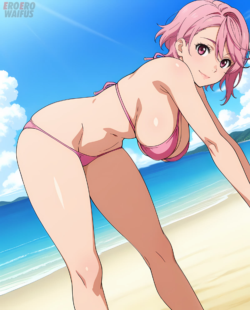 ai generated, athletic female, bare thighs, beach, big breasts, bikini, breasts, dandadan, eroero waifus, female, huge breasts, huge thighs, light skin, light-skinned female, looking at viewer, massive breasts, pink eyes, pink hair, shiratori aira (dandadan), short hair, shounen jump+, smiling, solo female, squatting, sweat, sweatdrop, thick body, thick female, thick thighs, thighs, voluptuous, voluptuous female
