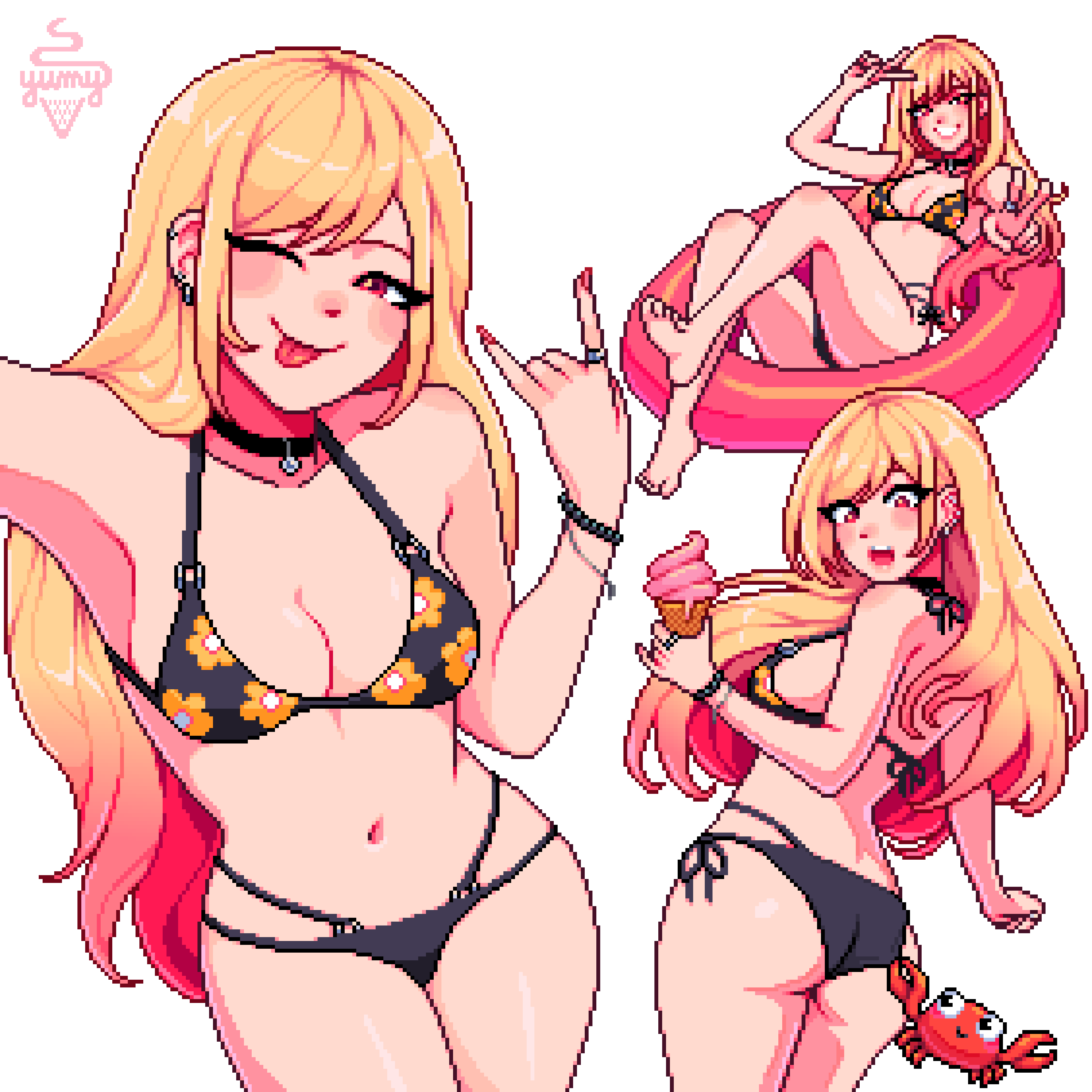 absurdres, artist name, aseprite (medium), bikini, blonde hair, bracelet, breasts, choker, cleavage, commentary, crab, ear piercing, earrings, english commentary, female, female only, food, gyaru, highres, horns pose, ice cream, jewelry, kitagawa marin, long hair, looking at viewer, medium breasts, multiple views, nail polish, navel, one eye closed, open mouth, piercing, pixel art, ring, simple background, smile, sono bisque doll wa koi wo suru, surprised, swimsuit, tongue, tongue out, white background, yumykon