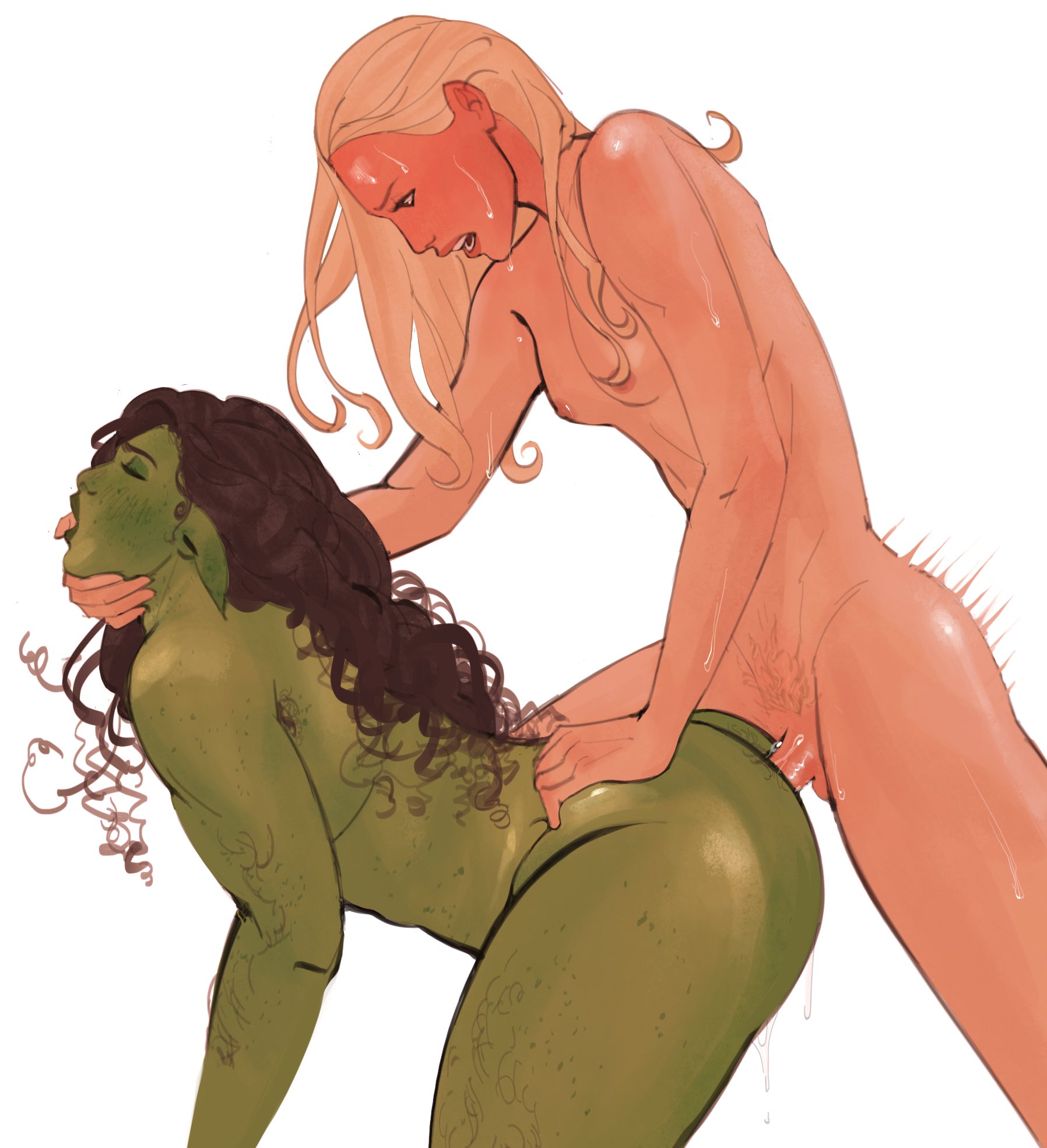 1futa, 2girls, ambiguous penetration, blonde hair, body hair, brown hair, closed eyes, doggy style, elphaba, fingers in mouth, futanari, glinda, goatedsaminator, green skin, penis, red face, saminator, sex, small breasts, sweaty, tongue out, trans woman, white background, wicked, yuri