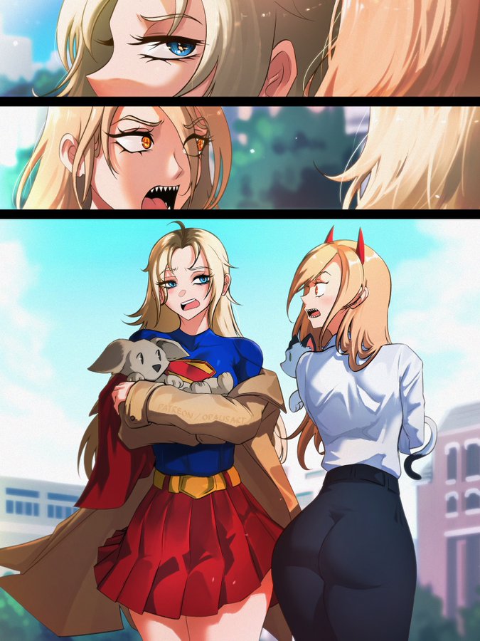 1animal, 2girls, 3:4, ass, ass focus, big ass, blonde hair, chainsaw man, coat, crossover, dc, dc comics, dcu, eastern and western character, female, kara zor-el, looking away, milly alcock, multiple females, multiple girls, opalisart, power (chainsaw man), supergirl, supergirl (dcu), superman (2025), superman (series), twitter
