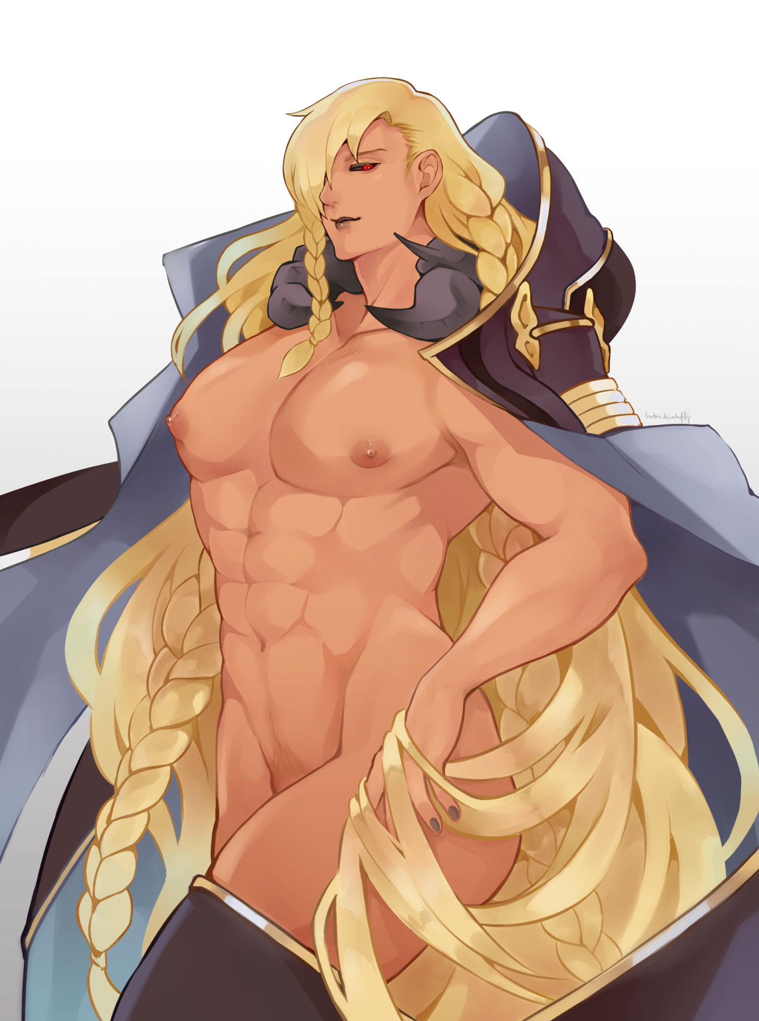 abs, ambush (trap), androgynous, beelzebub (granblue fantasy), blonde hair, braid, granblue fantasy, hair over one eye, long hair, male, male only, muscles, muscular, muscular femboy, muscular male, muscular trap, nipples, oketan, pecs, pubic hair, red eyes, solo, tantan, trap