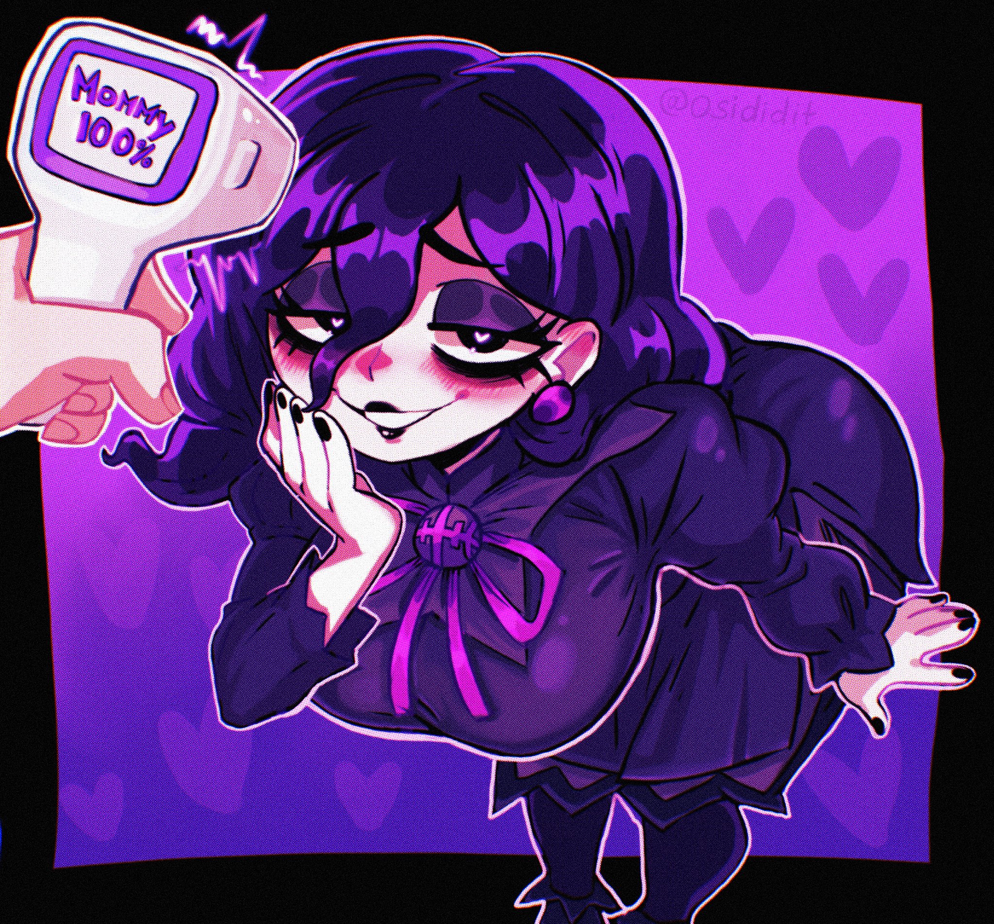 artist name, black eyes, black leotard, black nails, breasts, disembodied hand, dress, earrings, eyeshadow, female, female only, game freak, gradient background, hair between eyes, hex maniac, highres, infrared thermometer, jewelry, leaning forward, leotard, light blush, looking at viewer, makeup, mascara, medium breasts, medium hair, nail polish, nintendo, osidid, pokemon, purple background, purple dress, purple eyeshadow, purple hair, purple theme, smile, solo, wavy hair