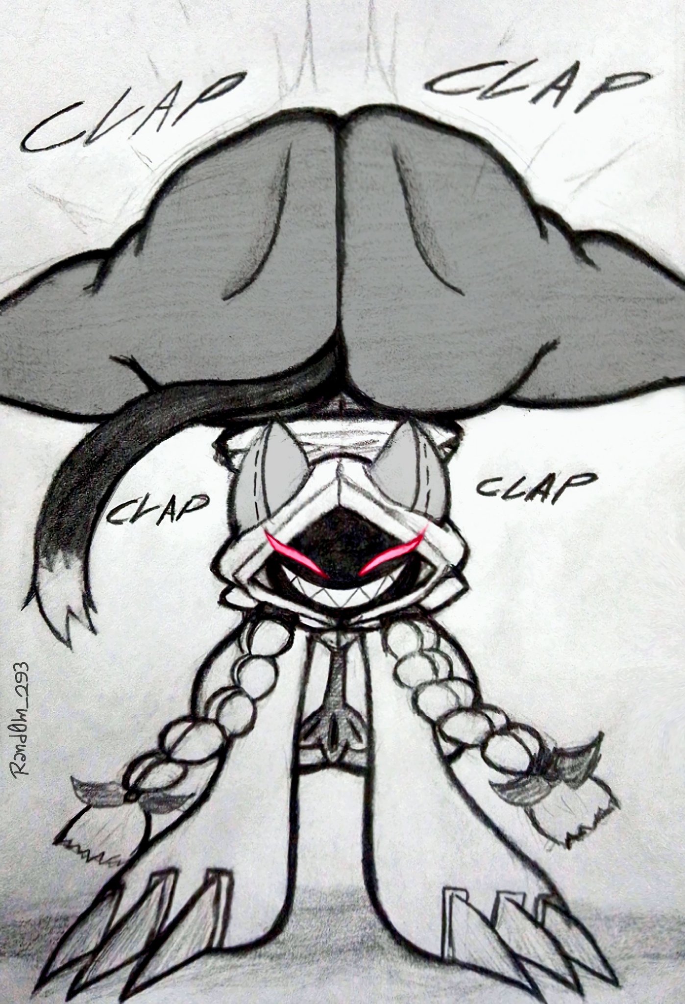 1girls, artist signature, ass focus, blazblue, boobs, breasts, cat ears, cat girl, cat tail, clapping ass, clapping cheeks, claws, dark skin, dark-skinned female, fat ass, female, greyscale, hood, partially clothed, pencil (artwork), rand0m 293, red eyes, shadow face, sharp teeth, smile, solo, solo female, taokaka, traditional media (artwork), tremble spikes