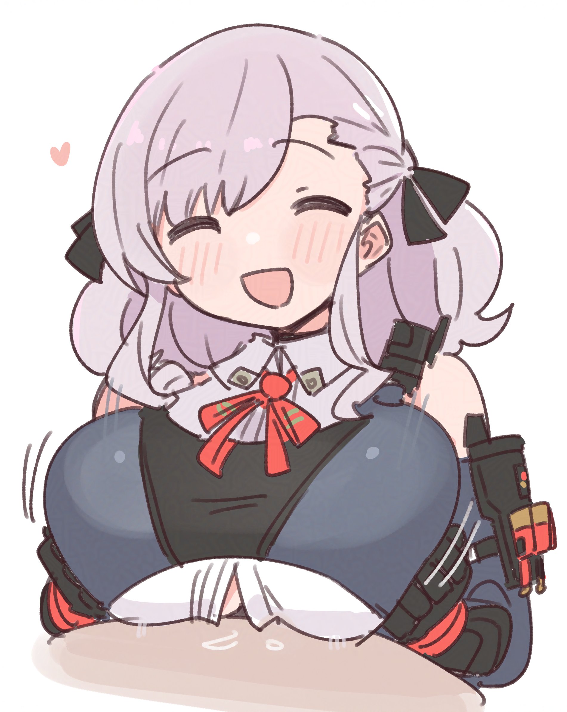 1boy, 1girls, big breasts, blush, boobjob, breasts, breasts squeezed together, closed eyes, clothing, female, girls' frontline, girls' frontline 2: exilium, gloves, grey hair, hair ribbon, happy, heart, implied paizuri, large breasts, male, motion lines, movement lines, neck ribbon, nikukabe, open mouth, open shirt, paizuri, sabrina (girls' frontline 2), short hair, spas-12 (girls' frontline)