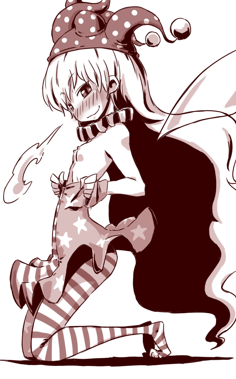 american_flag american_flag_legwear american_flag_shirt blush breasts clownpiece dress eyebrows_visible_through_hair fairy_wings female hat high_resolution jester_cap kneeling long_hair monochrome nipples pantyhose small_breasts smile smirk solo sonson_(eleven) striped striped_legwear touhou very_long_hair wings